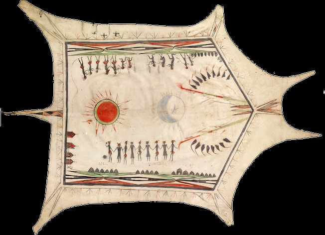 Manteau « des Trois Villages », Quapaw, vers 1740, peau de bison, pigments. © musée du quai Branly - Jacques Chirac, photo Claude Germain Manteau « des Trois Villages », Quapaw, vers 1740, peau de bison, pigments. © musée du quai Branly - Jacques Chirac, photo Claude Germain