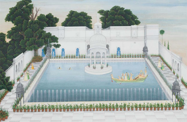 Radha et Krishna sur un bateau - Rajasthan, vers 1860. Nasser D. Khalili Collection of Islamic Art (MSS 886) © Nour Foundation. Courtesy of the Khalili Family Trust Radha et Krishna sur un bateau - Rajasthan, vers 1860. Nasser D. Khalili Collection of Islamic Art (MSS 886) © Nour Foundation. Courtesy of the Khalili Family Trust