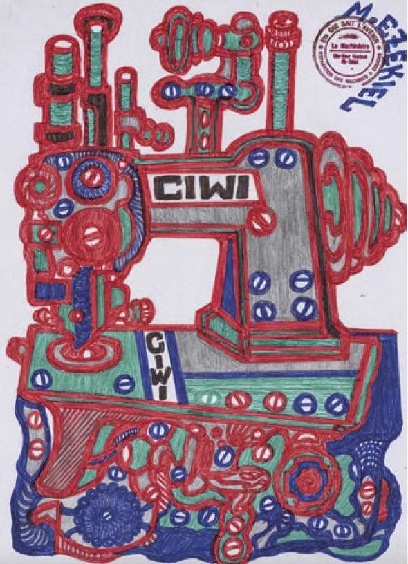 Ezekiel Messou, Sans titre (machine à coudre CIWI), 2020-2024. Mine graphite et stylo à bille sur papier, 29,5 x 21 cm Ezekiel Messou, Sans titre (machine à coudre CIWI), 2020-2024. Mine graphite et stylo à bille sur papier, 29,5 x 21 cm