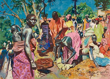 Jacques Majorelle. Marché, Côte d'Ivoire, 1952. Huile sur Isorel Jacques Majorelle. Marché, Côte d'Ivoire, 1952. Huile sur Isorel