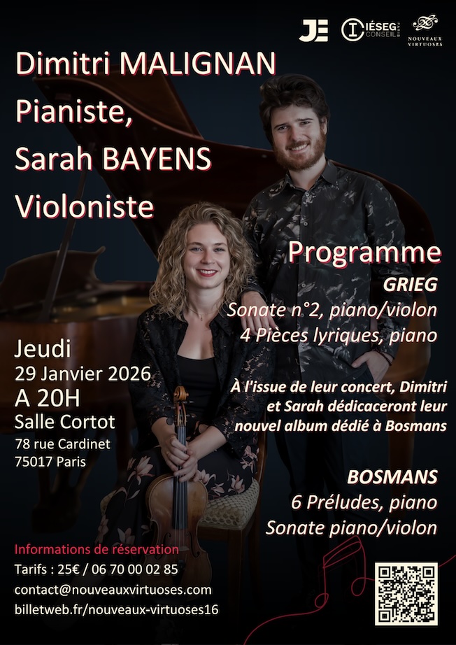 Paris. Dimitri Malignan et Sarah Bayens en concert à la Salle Cortot le 29 janvier 2026