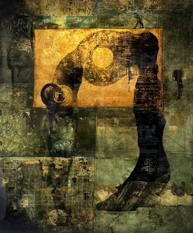 Jeff Bertoncino. In the green 1, 2017. Huile et feuilles d'or sur papier monté sur bois, résiné. 182 x 152 cm