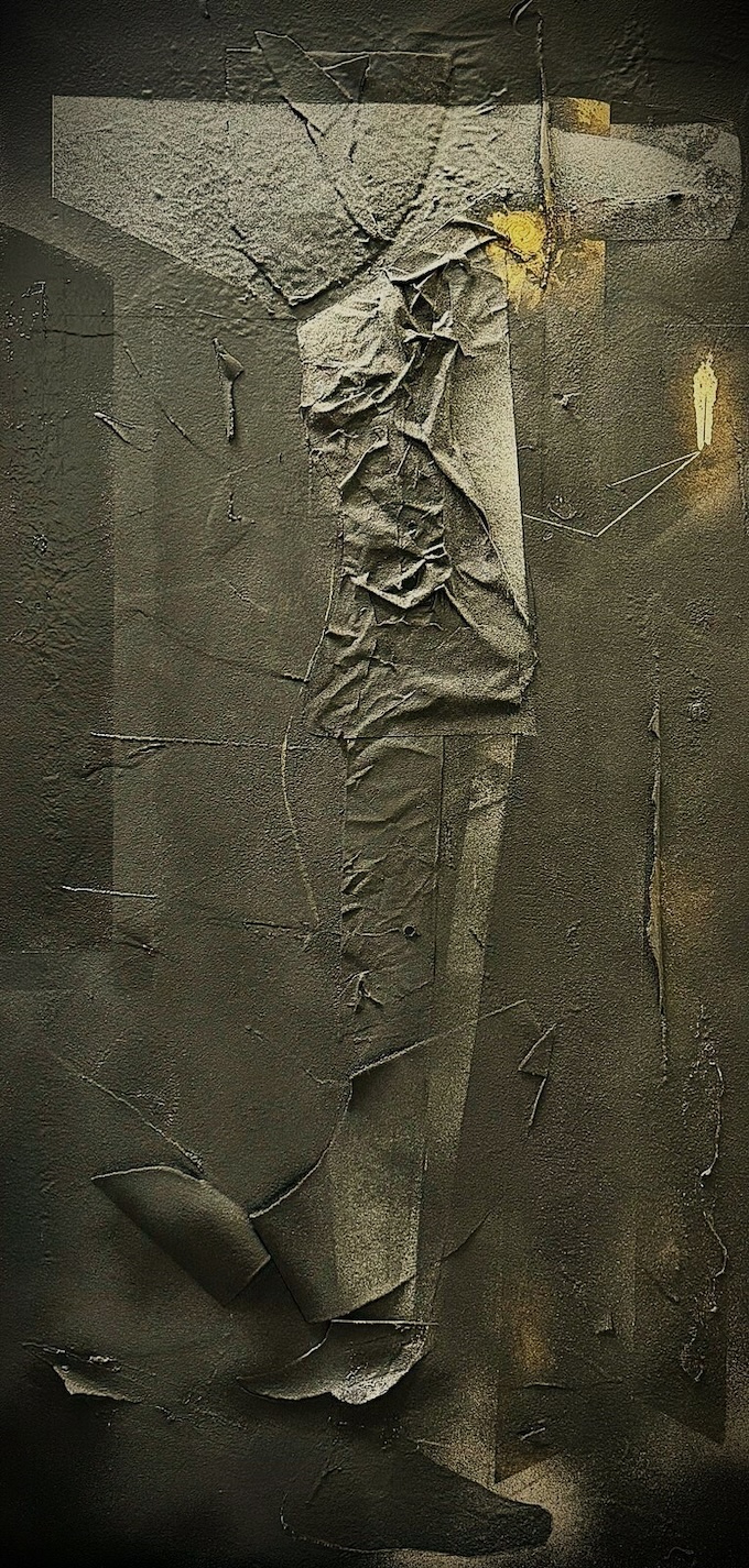 Jeff Bertoncino. Anvilized, 2024. Huile et feuilles d'or sur papier monté sur panneau de bois et résine. 120 x 90 cm