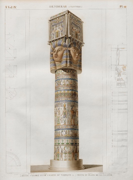 Détail colorié d’une colonne de portique du site de Denderah/Tentyris Description de l’Égypte, Antiquités - Planches, Tome quatrième Bibliothèque du Sénat, 4FP0044
