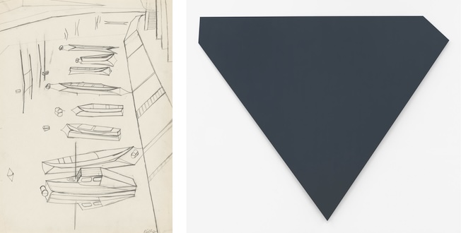 Ellsworth Kelly, Boats, Quai d’Anjou, 1949 © Ellsworth Kelly Studio / Ellsworth Kelly, Dark Blue Gray, 1980, huile sur toile de lin © Ellsworth Kelly Studio