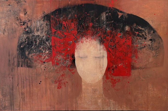 Nathalie Deshairs. Femme à la coiffe éventail rouge et noire, 2025. Huile sur toile ; oil on canvas 100 x 150 cm / 39.37 x 59.06 inches