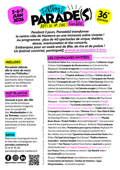 Parade(s) 2026, Festival des arts de la rue de la Ville de Nanterre les 5, 6 et 7 juin 2026