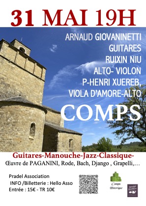 COMPS (26), Eglise Romane : concert Guitare Manouche-Jazz-Classique. Le 31 mai 26 à 19H