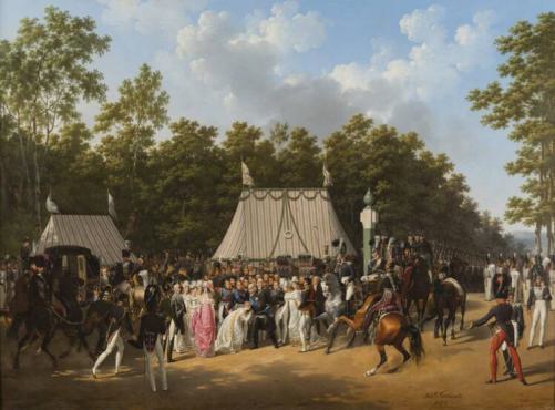 Hippolyte Lecomte, Entrevue de Louis XVIII avec la duchesse de Berry, à la croix de Saint-Hérem, dans la forêt de Fontainebleau, 1817, huile sur toile, H. 146 cm, L. 196 cm, Versailles, Établissement public du château