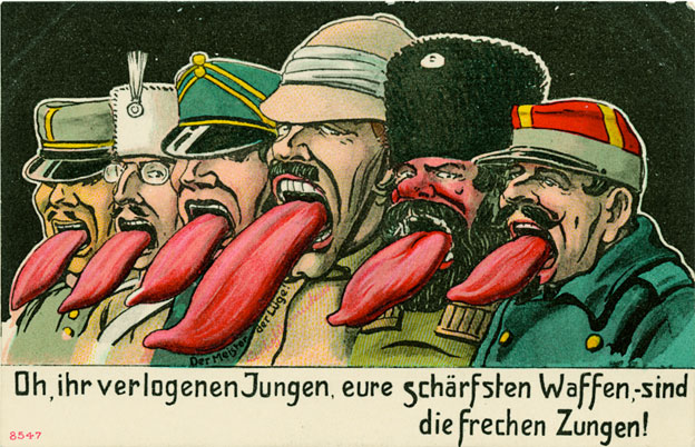 ANONYME Oh, ihr verlogenen Jungen, eure schärfsten Waffen sind die frechen Zungen !/ Der Meister der Lüge Oh ! vous les menteurs ! Votre arme la plus terrible, c’est votre langue haineuse ! / Le maître des menteurs  Allemagne Carte postale Cabinet des Estampes et des Dessins, Strasbourg