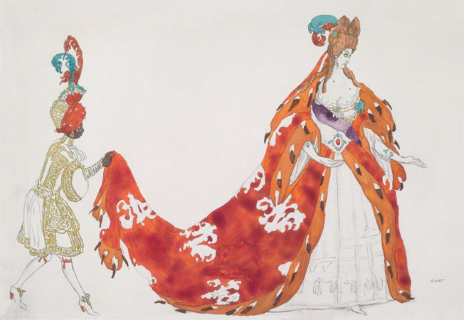 Dessin de costume pour la reine dans "La Belle au bois dormant", ballet de Marius Petipa, créé au théâtre de l’Alhambra, à Londres, le 2 novembre 1921. Crayon, aquarelle et gouache. Collection particulière © Bertrand Huet
