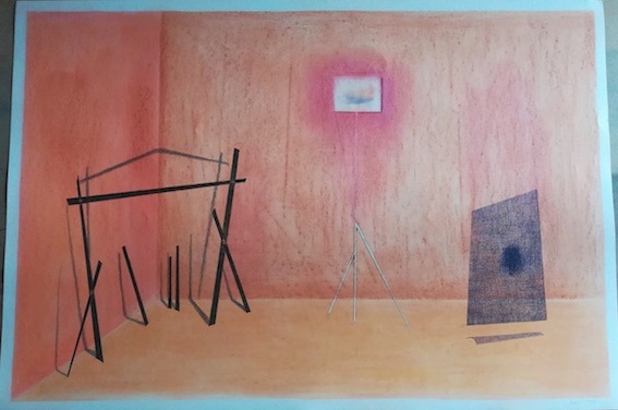 Frédéric Khodja, Apparition et spodomancie dans le lieu-d, 2018, dessin, crayons de couleurs et pierre noire, 75 x 110 cm