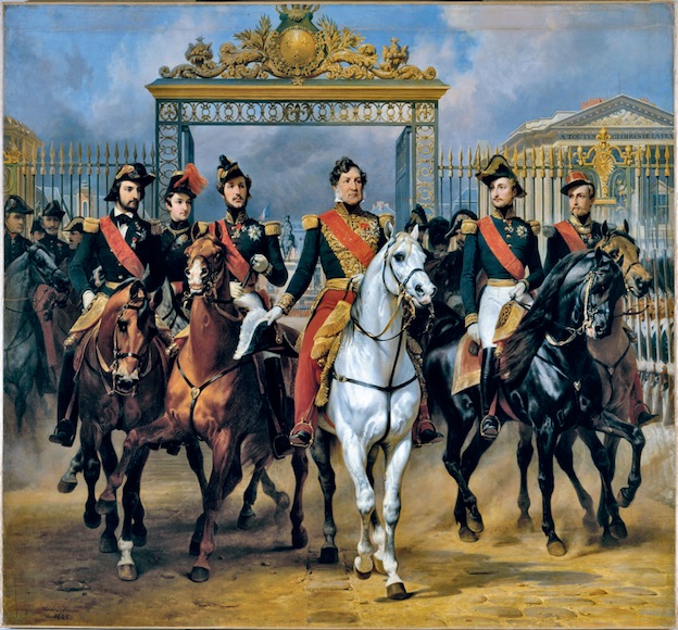 Le roi Louis-Philippe et ses fils sortant par la grille d’honneur du château de Versailles après avoir passé une revue militaire dans les cours, 10 juin 1837, Horace Vernet