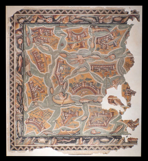 Mosaïque aux îles, III-IVe siècle apr. J.-C., Haïdra, Tunisie. 492 × 536 × 7 cm. Institut national du patrimoine, Tunisie © Institut national du patrimoine, Tunisie, photo Rémi Bénali - MDAA / CD13