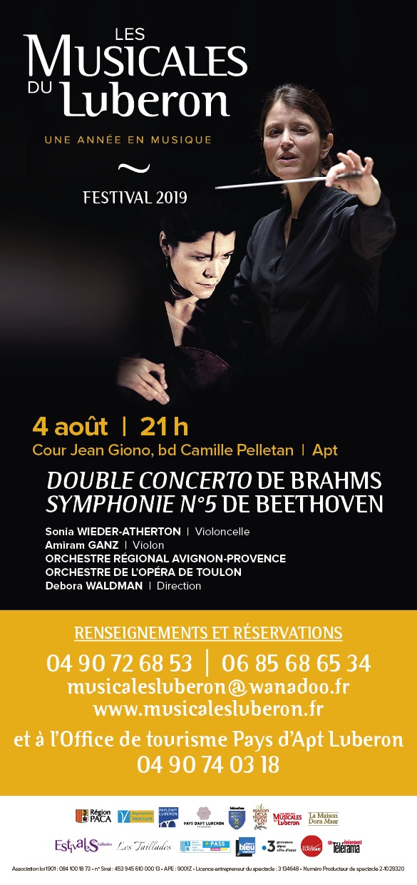 Les Musicales du Luberon :" Double concerto de Brahms, Symphonie n°5  de Beethoven", dimanche 04 /08 à 21 h 30 - Cour Jean Giono à Apt 