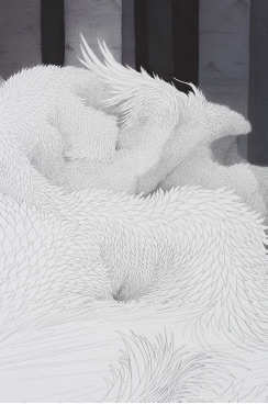 Fragment de l’installation Tissage, crayon et acrylique sur papier Canson, Min Jung-yeon 2019 © Thierry Estrade Courtesy : Min Jung-yeon & Galerie Maria Lund