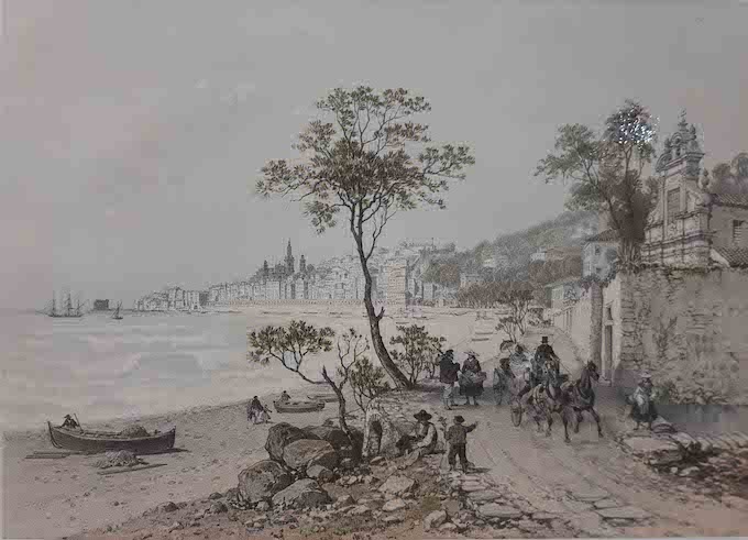 Félix Benoist (1818 - 1896) Menton et la chapelle Saint Jacques 1848 lithographie couleur