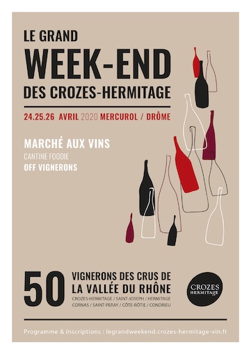 Les 24, 25 et 26 avril 2020, les vins et les vignerons de la vallée du Rhône nord sont à l’honneur du grand week-end des Crozes-Hermitage Les 24, 25 et 26 avril 2020, les vins et les vignerons de la vallée du Rhône nord sont à l’honneur du grand week-end des Crozes-Hermitage
