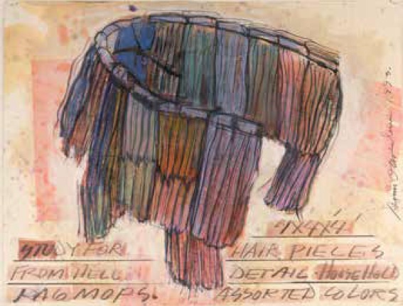 Dennis Oppenheim, Study For Hair Pieces From Hell, 1993, crayon à papier, crayons de couleur, glacis, pastel à l’huile sur papier. Galerie Mitterrand