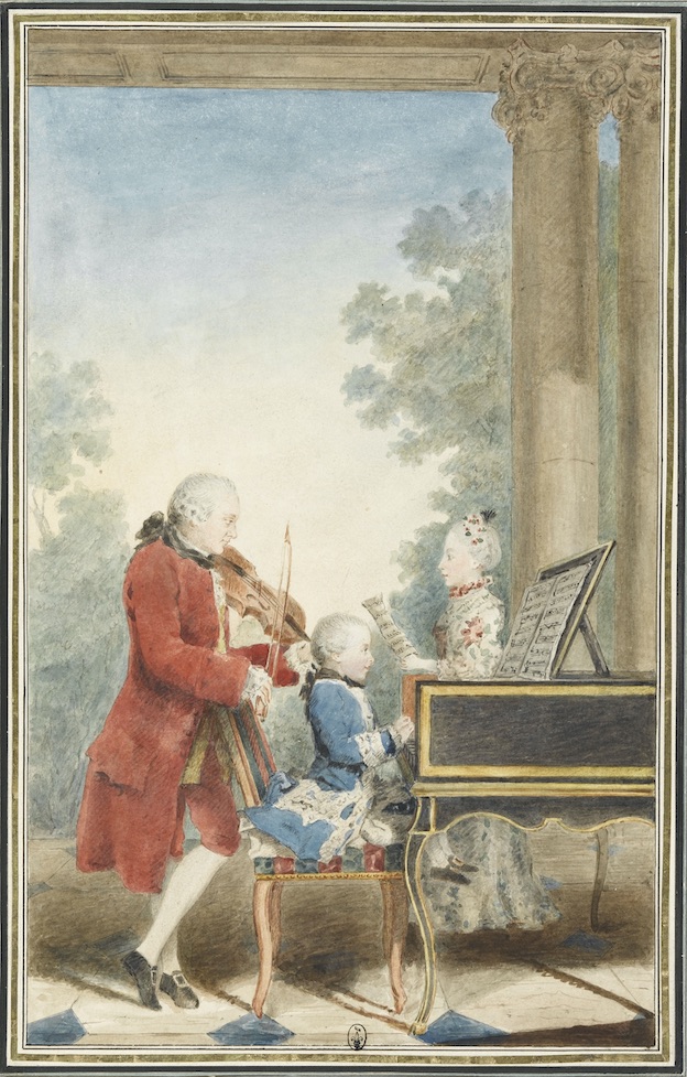 Louis Carrogis, dit Carmontelle. Wolfgang­-Amadeus Mozart (1756­1791) enfant jouant avec son père et sa sœur Maria -Anna (dite Nannerl) à Paris en 1764. Chantilly, musée Condé ©RMN-Grand Palais domaine de Chantilly-René Gabriel Ojéda