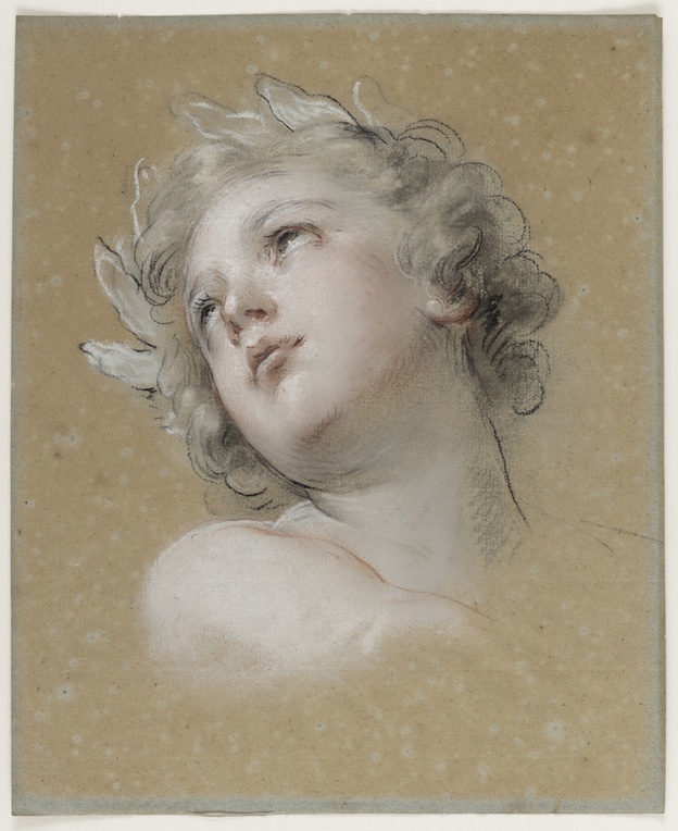 François Lemoyne (1688-1737) Etude de tête pour l’Amour de la Vertu dans l’Apothéose d’Hercule, vers 1733 Pastel, trois crayons et estompe sur papier anciennement bleu © château de Versailles