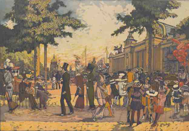 La Promenade des Champs-Élysées, 1910, eau-forte et aquatinte en couleurs 37,9 Å~ 52,9 cm Paris, Bibliothèque de l’INHA, Collections Jacques Doucet