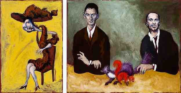 Dora Diamand, 2020. Huile sur toile, 81,5 x 54 cm. / La martre et l’écureuil (Portraits de Kafka et Chouchani), 2019. Huile sur toile, 160 x 195 cm.