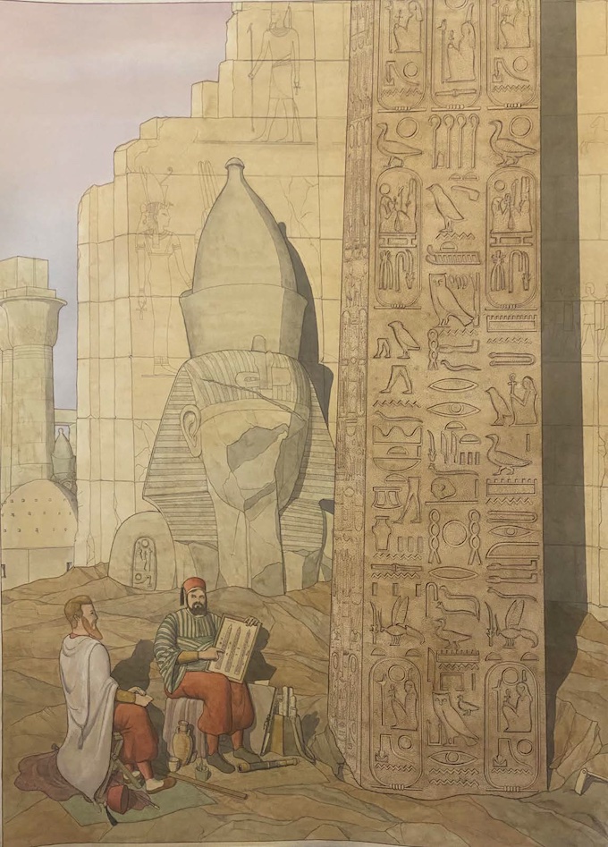 Jean-Claude Golvin, Jean-François Champollion et Ippolito Rosellini au pied de l’obélisque de Louqsor, 2021. © Département de l’Isère / Musée Champollion
