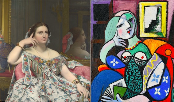 Jean-Auguste-Dominique Ingres, Madame Moitessier, 1856 Oil on canvas, 120 x 92.1 cm © The National Gallery, London  & Pablo Picasso, Woman with a Book, 1932 Oil on canvas, 130.5 x 97.8 cm The Norton Simon Foundation © Succession Picasso/DACS 2021 / photo The Norton Simon Foundation
