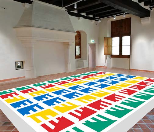Simulation en photomontage de l’oeuvre de Daniel Buren, BJRV in situ sur plateau, MBA, Dijon, 2021