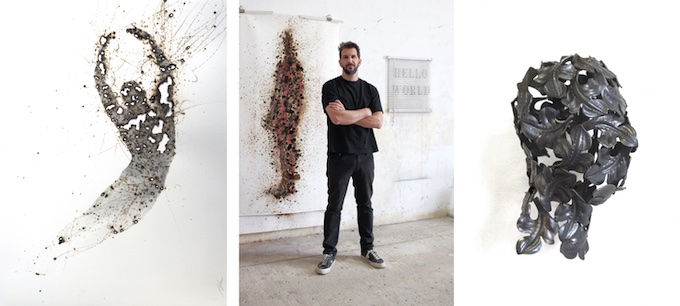 De gauche à droite : Hover Series #4, Pedro Pires (2020), 56x76cm / Portrait de Pedro Pires  / Border #2, Pedro Pires (2021), metal et bois, 50x29x27cm