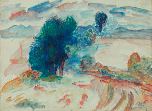 Pierre-Auguste Renoir (1841-1919) Arbres au bord de l’eau et voilier (recto) Étude d’une barque dans un étang (verso) Aquarelle sur papier, 170 x 230 mm. Cachet de la signature en bas à droite. Exécuté vers 1895.