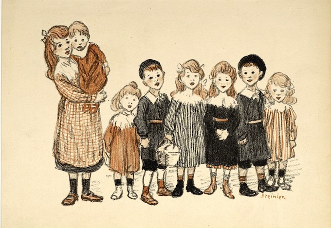 L’art à l’école, 1912. Lithographie tirée en couleurs, 19,2 x 25,5 cm. Collection privée