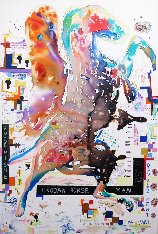 Damir Radović, Trojan horse man, 2019, aquarelle, acrylique, encre de chine et pastel à l’huile, 210 x 140 cm. © ADAGP Damir Radovic