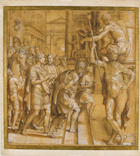 Girolamo Siciolante da Sermoneta, Pépin le Bref menant captif Astolphe, roi des Lombards et remettant à l'Eglise l'exarchat de Ravenne © Musée du Louvre