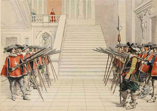 La garde de Richelieu lui rend les honneurs, estampe de Maurice Lenoir. 1910. © Paris – musée de l’Armée. Dist. RMN-GP