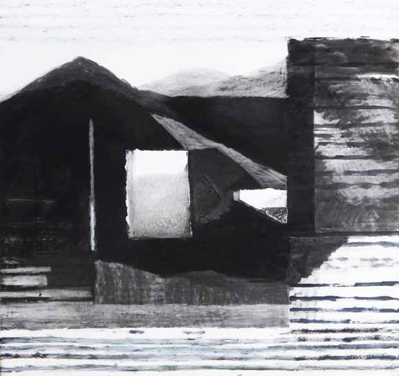 Michèle Iznardo, Lieu (théatre d’ombres), 2022. Huile, fusain et collage, 70 x 70 cm. Courtesy Galerie La Boucherie