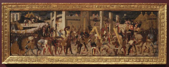 École florentine du XVe siècle, Scène de bataille : Siège de Carthage par Scipion Émilien, tempera sur bois, panneau de cassone, 54 x 143 cm, inventorié MNR 246. © Musée d’Angers