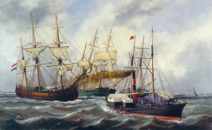 Navires entrant au Havre derrière un remorqueur. Edouard-Marie Adam, 1882, Le Havre © Musée national de la Marine / P. Dantec