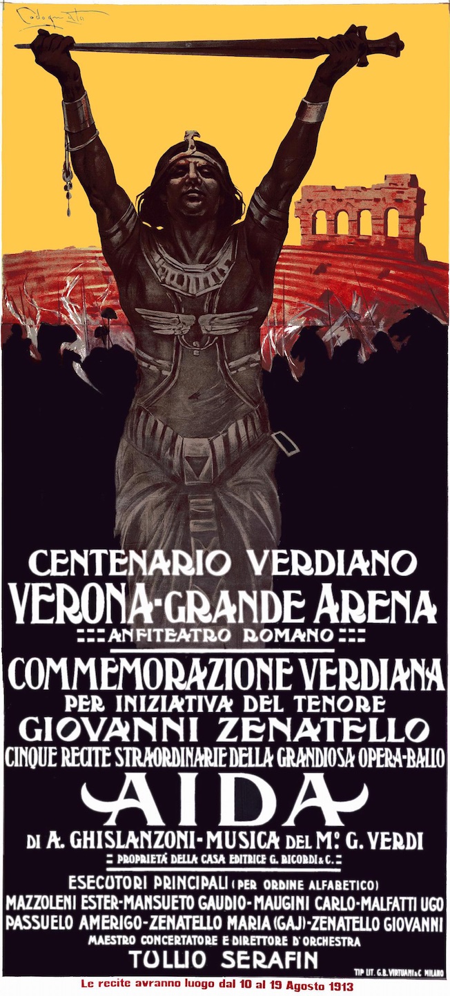 Affiche de la production d’Aïda de 1913, premier opéra donné aux Arènes de Vérone
