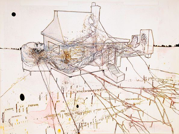 Massimo Guerrera. Entre refuge et encombrement 2007 2008 encre, acrylique, crayon sur tirage numérique, papier chiffon marouflé sur toile 53 x 73 cm
