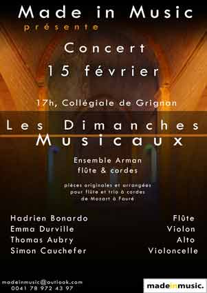 Les Dimanches Musicaux de Grignan, concert de l'ensemble Arman le 15 février 2015 à la Collégiale.