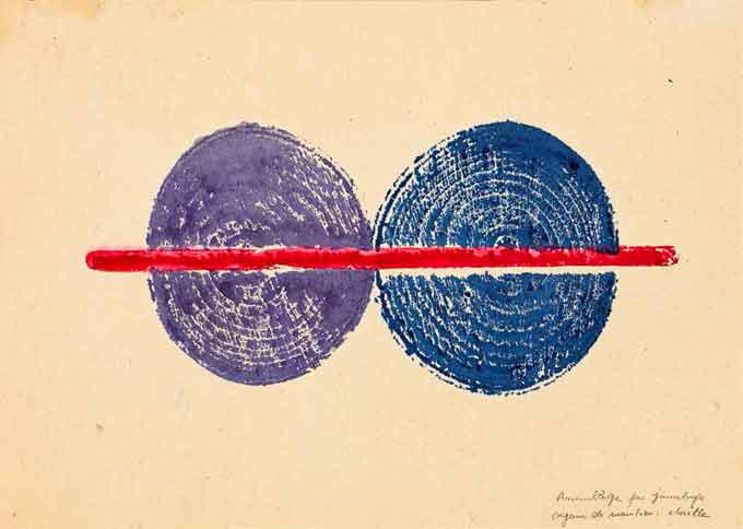 Empreinte d’assemblage par jumelage, 1972 Organe de maintien : cheville Encres de couleur  21,5 x 30 cm Collection privée