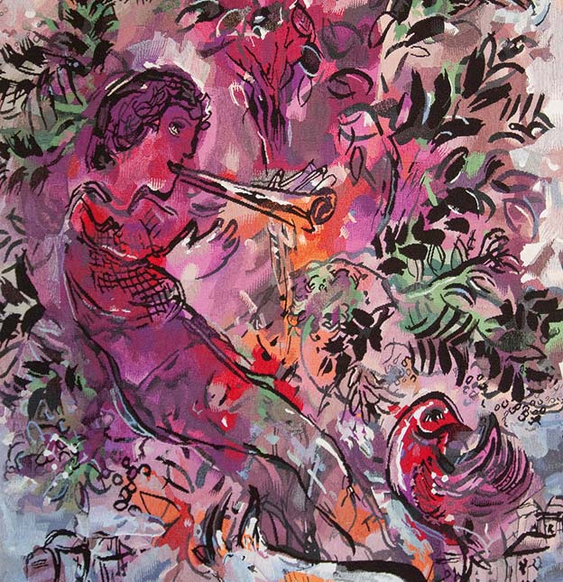 Yvette Cauquil-Prince, Le Garçon dans les fleurs (détail), 2005, tapisserie de basse lisse, exemplaire d'artiste, collection privée. Tapisserie réalisée d'après Le Garçon dans les fleurs, 1955, de Marc Chagall. Maître d'œuvre Yvette Cauquil-Prince