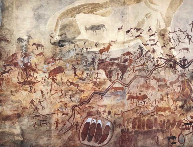 Grands éléphants, autres animaux et hommes peints sur plusieurs couches. Relevé réalisé par Joachim Lutz lors d’une expédition de Leo Frobenius en 1929 au Zimbabwe. © Institut Frobenius, Francfort-sur-le-Main
