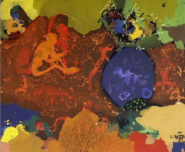 Christophe Sawadogo, Le Philosophe, la Poule et son oeuf, 2024, Acrylique sur toile, 90 x 120 cm