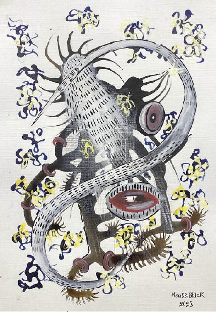 Mouss Black, Sans titre, 2023, Encres, aquarelle, acrylique, tâche de café sur papier, 29,7 x 21 cm Mouss Black, Sans titre, 2023, Encres, aquarelle, acrylique, tâche de café sur papier, 29,7 x 21 cm