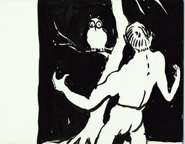 Tristan Chinal-Dargent. As an owl in the daylight, 2023-24, encre de Chine sur papier, série en cours, 35 x 25 cm
