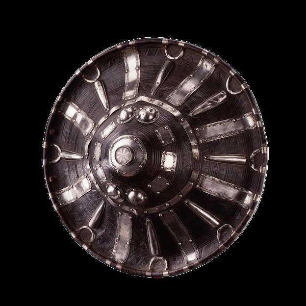 Bouclier. Amhara. Éthiopie. Peau de buffle, rhinocéros ou hippopotame, argent, cuir rouge. Inv. 1027-119. Musée Barbier-Mueller. Photo Studio Ferrazzini Bouchet