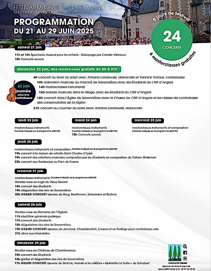 9ème édition du festival « Musique dans les Vignes », à Savennières (49), du 21 au 29 juin 2025 9ème édition du festival « Musique dans les Vignes », à Savennières (49), du 21 au 29 juin 2025